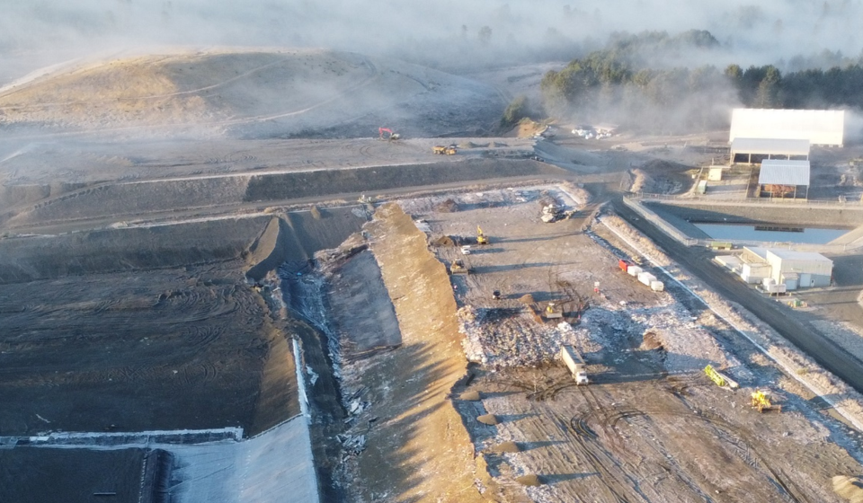 Overhead view of landfill cell and surrounding berm.